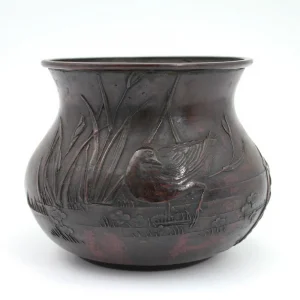 本間琢斎 斑紫銅 蟹摘蓋 水禽文 建水